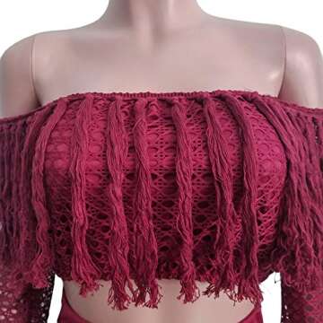 ECHOINE Off Shoulder Tassel Split Maxi Dress - Wine Red