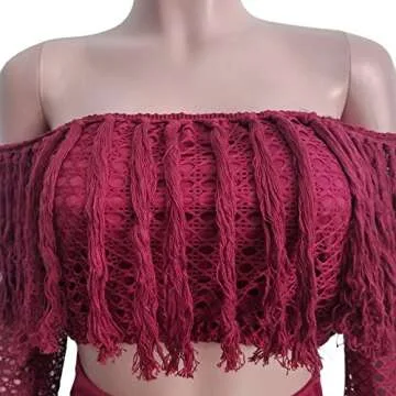 ECHOINE Off Shoulder Tassel Split Maxi Dress - Wine Red