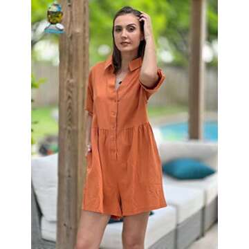 DEEP SELF Summer Orange Loose Casual Button Down One Piece V-neck Collared Shorts Rompers Spring Short-slevee Pockets Jumpsuit for women 2022