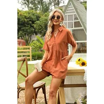 DEEP SELF Summer Orange Loose Casual Button Down One Piece V-neck Collared Shorts Rompers Spring Short-slevee Pockets Jumpsuit for women 2022
