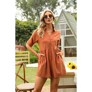 DEEP SELF Summer Orange Loose Casual Button Down One Piece V-neck Collared Shorts Rompers Spring Short-slevee Pockets Jumpsuit for women 2022
