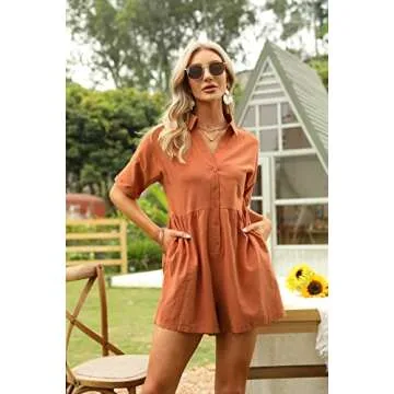 DEEP SELF Summer Orange Loose Casual Button Down One Piece V-neck Collared Shorts Rompers Spring Short-slevee Pockets Jumpsuit for women 2022