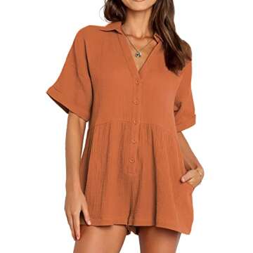 DEEP SELF Summer Orange Loose Casual Button Down One Piece V-neck Collared Shorts Rompers Spring Short-slevee Pockets Jumpsuit for women 2022