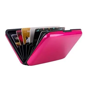 ELFISH Mini RFID Aluminum Wallet Credit Cards Holder Business Card Case Metal ID Case for Men Women (Pink)