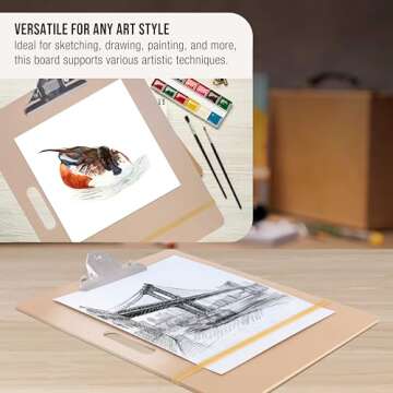 U.S. Art Supply 11" x 17" Artist Sketch Tote Board - Lightweight, Durable Tempered Hardboard with Handle, Metal Clip, Rubber Band for Sketching, Drawing, Painting - Perfect for Travel & Studio Use