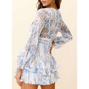 Dokotoo Womens Ladies Casual Summer Spring Ruffle Elegant Floral Long Sleeve Tie Knot V Neck Cute Ch...