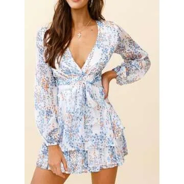 Dokotoo Womens Ladies Casual Summer Spring Ruffle Elegant Floral Long Sleeve Tie Knot V Neck Cute Chiffon Boho Beach Tunic Swing A Line Flowy Mini Short Skater Dresses for Women 2024 White Medium