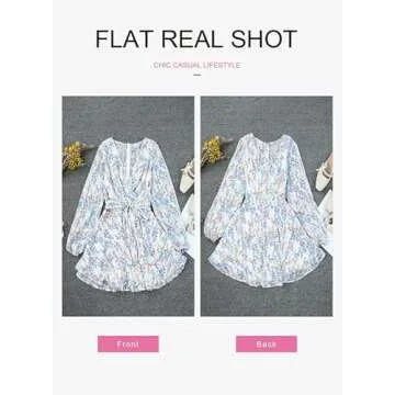 Dokotoo Womens Ladies Casual Summer Spring Ruffle Elegant Floral Long Sleeve Tie Knot V Neck Cute Chiffon Boho Beach Tunic Swing A Line Flowy Mini Short Skater Dresses for Women 2024 White Medium