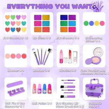54 Pcs Kids Makeup Kit for Girls, Princess Real Washable Pretend Play Cosmetic Set Toys with Mirror, Non-Toxic & Safe, Birthday Gifts for 3 4 5 6 7 8 9 10 Years Old Girls Kids (Purple)