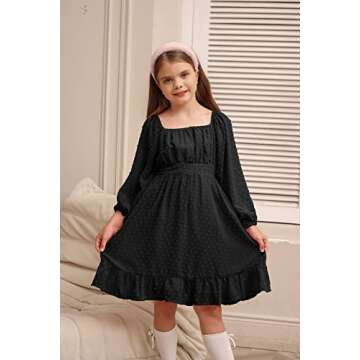 GRACE KARIN Girl Black Dress Long Sleeve Ruffle A Line Swing Flowy Solid Fall Dress Black 6Y
