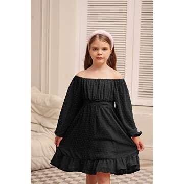 GRACE KARIN Girl Black Dress Long Sleeve Ruffle A Line Swing Flowy Solid Fall Dress Black 6Y
