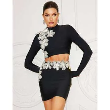 BELLA BARNETT Black Stunning Rhinestone 2 Piece Skirt Sets for Women