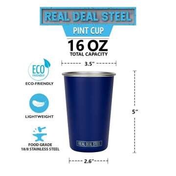 Real Deal Steel Party Pints: 16 oz Pint Cups, Stackable Tumblers, Eco Friendly Premium Metal Drinking Glasses