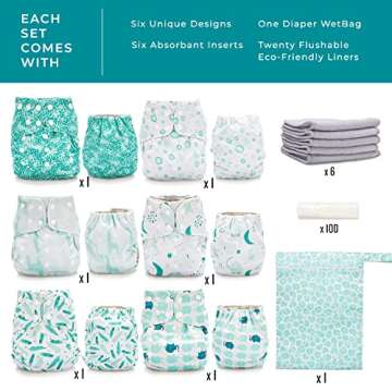 Simple Being Reusable Cloth Diapers- One Size Adjustable, Washable Soft Absorbent, Waterproof Cover, Eco-Friendly Unisex Baby Girl Boy, six 4-Layers Microfiber Inserts (Whimsical)