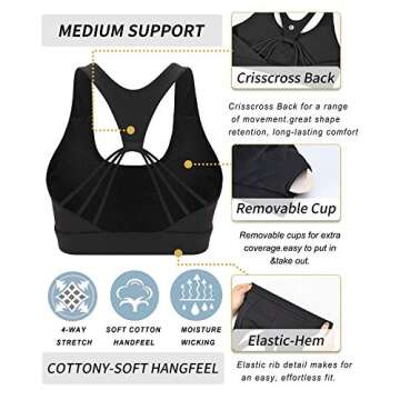 RUNNING GIRL Padded Sports Bras for Women, Push Up Wireless Yoga Bra Racerback Workout Avtivewear Bra Tops (Black-4, CN:L/US:M【Fit for 34D 34C 36B 36A】)