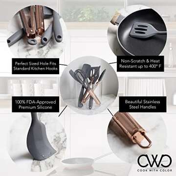 COOK WITH COLOR Silicone Cooking Utensils, Kitchen Utensil Set, Easy to Clean Silicone Kitchen Utensils, Cooking Utensils for Nonstick Cookware, Kitchen Gadgets Set, Mini, Gray