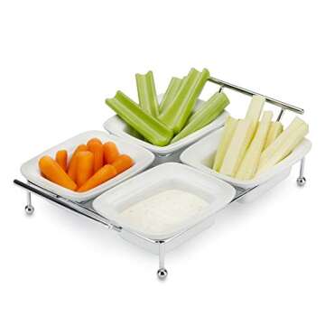 Serving Tray for Parties - 4 Small Tray Serving Platter - White Ceramic Compartment Bowls for Food, Parties, Snacks, Condiments, Appetizers - Four Removable 4 x 4.75 inch Trays