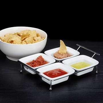 Serving Tray for Parties - 4 Small Tray Serving Platter - White Ceramic Compartment Bowls for Food, Parties, Snacks, Condiments, Appetizers - Four Removable 4 x 4.75 inch Trays