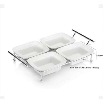 Serving Tray for Parties - 4 Small Tray Serving Platter - White Ceramic Compartment Bowls for Food, Parties, Snacks, Condiments, Appetizers - Four Removable 4 x 4.75 inch Trays
