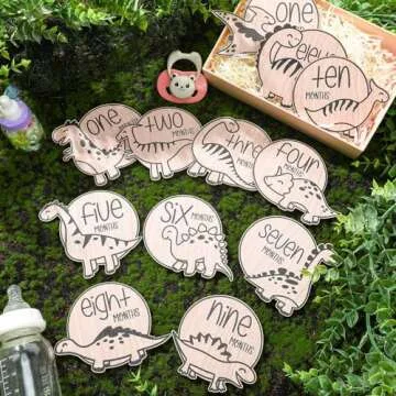 Wesiti 12 Pcs Wooden Baby Milestone Cards with Linen Bag Monthly Milestone Marker Discs Signs Announcement Cards for Pregnancy Growth Baby Shower Gifts Newborn Photo Props(Dinosaur Style)