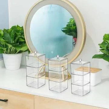 Hiceeden 9 Pieces Square Hair Accessories Organizer with Lid, Stackable Acrylic Bathroom Containers Cotton Ball Pad Qtip Holder, Clear Hair Tie Organizer Storage for Girls Bow Headband Jewelry