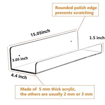 CY craft 15 inch Acrylic Invisible Floating Bookshelf for Kids Room, Modern Picture Ledge Display Toy Storage Wall Shelf 5MM Thick U Shelves Storage Rack,Set of 6