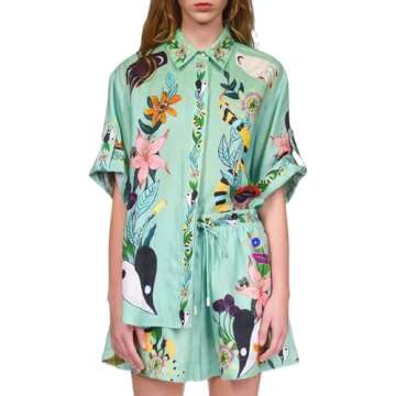 Faretumiya Women Graphic 2 Piece Shorts Set Short Sleeve Button Shirt Wide Leg Shorts Tropical Print...