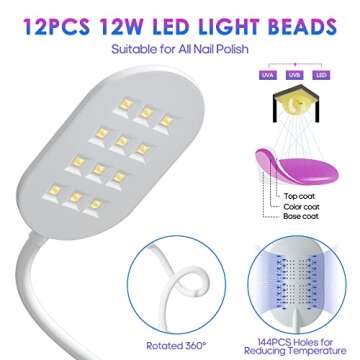 AORAEM UV Nail Lamp 3 Timer Settings 12W Rechargeable Gooseneck Nail Lamp with Digital Display Quicky Dry Led Nail Lamp for Professional Nail Salon Use Home DIY(Storage Groove Design)