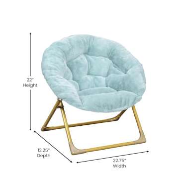Flash Furniture Gwen Kids Cozy Mini Folding Saucer Chair - Dusty Aqua Faux Fur Moon Chair - Soft Gold Metal Frame - 23" Portable Folding Chair For Living or Bedroom
