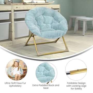 Flash Furniture Gwen Kids Cozy Mini Folding Saucer Chair - Dusty Aqua Faux Fur Moon Chair - Soft Gold Metal Frame - 23" Portable Folding Chair For Living or Bedroom