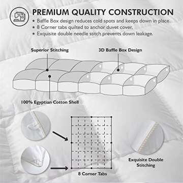 Luxurious White Solid Medium Weight, Palatial King Size Goose Feathers Down Comforter for All-Season Weather, 120 X 98 inches, Premium Baffle Box, 100% Egyptian Cotton Cover, 85 oz. Fill Weight