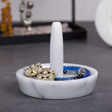 Creative Home Natural Marble Ring Holder Jewelry Storage Tray Holder Bathroom Vanity Countertop Accessories Organizer, 4" Diameter, Off-White