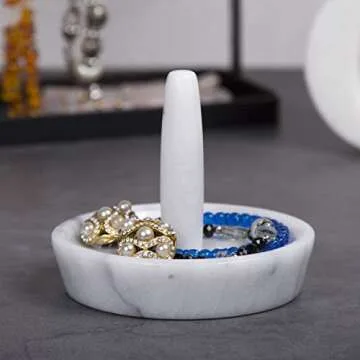Creative Home Natural Marble Ring Holder Jewelry Storage Tray Holder Bathroom Vanity Countertop Accessories Organizer, 4" Diameter, Off-White