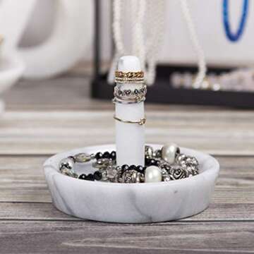 Creative Home Natural Marble Ring Holder Jewelry Storage Tray Holder Bathroom Vanity Countertop Accessories Organizer, 4" Diameter, Off-White