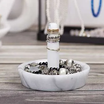 Creative Home Natural Marble Ring Holder Jewelry Storage Tray Holder Bathroom Vanity Countertop Accessories Organizer, 4" Diameter, Off-White