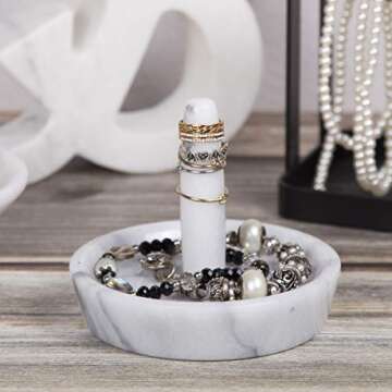 Creative Home Natural Marble Ring Holder Jewelry Storage Tray Holder Bathroom Vanity Countertop Accessories Organizer, 4" Diameter, Off-White