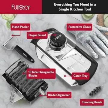 Fullstar Mandoline Slicer for Kitchen, Cucumber Slicer, Cheese Grater Vegetable Spiralizer and Veggie Slicer for Cooking, Kitchen Gadgets Organizer & Safety Glove Included (11 in 1, Clear)
