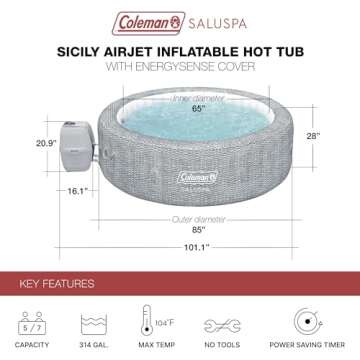 Bestway Coleman Sicily AirJet Large Round 5 to 7 Person Inflatable Hot Tub Portable Outdoor Spa with 180 AirJets and EnergySense Cover, Grey
