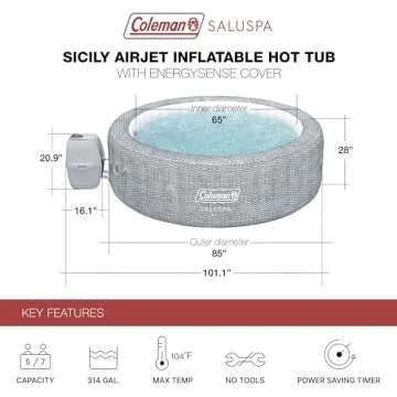 Bestway Coleman Sicily AirJet Large Round 5 to 7 Person Inflatable Hot Tub Portable Outdoor Spa with 180 AirJets and EnergySense Cover, Grey