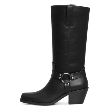 Phefarer Womens Biker Boots Horse Riding Boots Mid-Calf square toe Cowgirl Boots Womens Motorcycle B...
