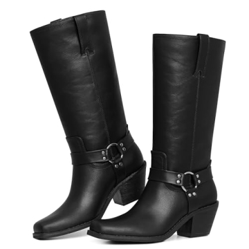 Phefarer Womens Biker Boots Horse Riding Boots Mid-Calf square toe Cowgirl Boots Womens Motorcycle Boots Knee High Harness Faux Leather Boots