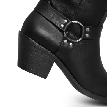 Phefarer Womens Biker Boots Horse Riding Boots Mid-Calf square toe Cowgirl Boots Womens Motorcycle Boots Knee High Harness Faux Leather Boots