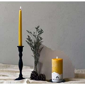Bluecorn Beeswax 100% Pure Beeswax Taper Candles | Natural Beeswax Candles, Yellow Unscented Tapered Candles | Soy, Paraffin, & Fragrance Free | 12 Inch Candles, Pair - Two Candlesticks