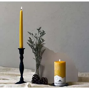 Bluecorn Beeswax 100% Pure Beeswax Taper Candles | Natural Beeswax Candles, Yellow Unscented Tapered Candles | Soy, Paraffin, & Fragrance Free | 12 Inch Candles, Pair - Two Candlesticks