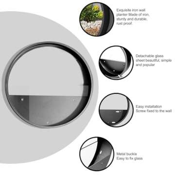 VEVLU 3 Pack Set Wall Planters,Modern Round Glass Wall Planter Succulent Planter Circle Iron Hanging Planter Vase for Herb,Small Cactus Perfect for Balcony, Room and Patio Decor (Black)