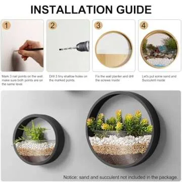 VEVLU 3 Pack Set Wall Planters,Modern Round Glass Wall Planter Succulent Planter Circle Iron Hanging Planter Vase for Herb,Small Cactus Perfect for Balcony, Room and Patio Decor (Black)