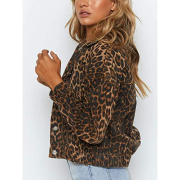 Women's Retro Leopard Print Denim Bomber Jacket Fashion