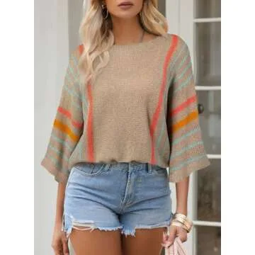 Dokotoo Womens Sweaters 2025 Spring Summer Casual Crewneck Bell Sleeve Color Block Striped Shirt Lig...