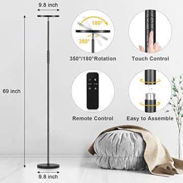 LED floor lamp, Super Bright Modern Floor Lamp Equivalent to 300W Energy Saving, 69”Tall floor lamp with Remote Stepless Dimming and Color Temperature, Floor Lamps for Living Room Bedroom Office Black
