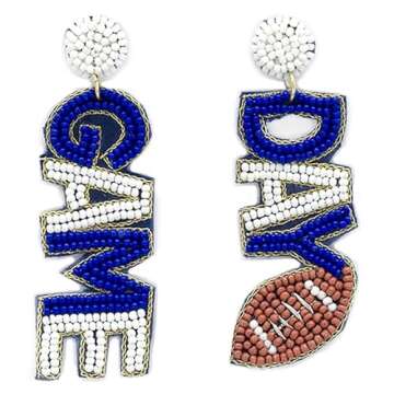 Emulily Beaded Game DayPost Earrings Handmade Game Day Earrings College Sport (Blue/White)